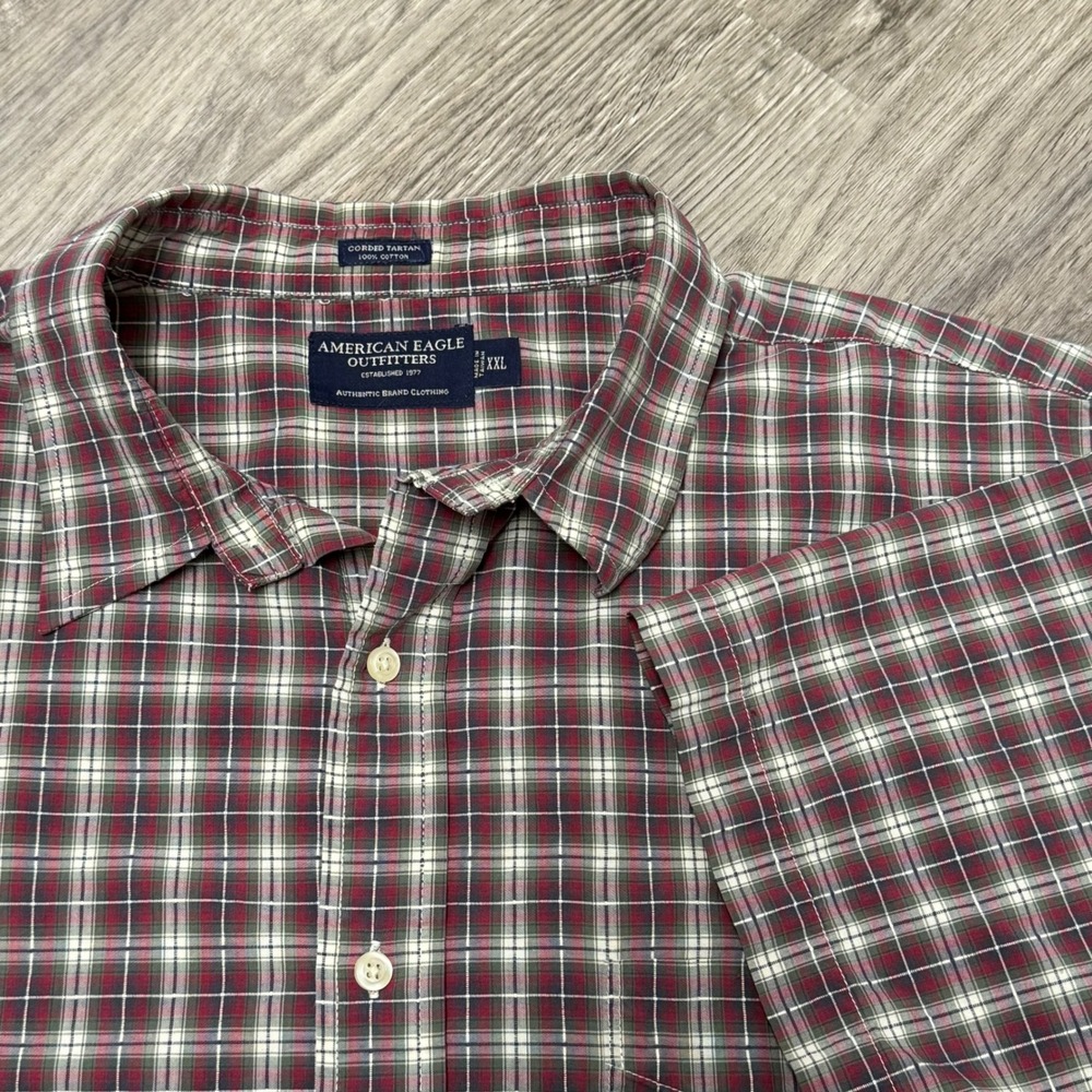 American Eagle Outfitters Y2K Mens XXL‎ Red Green Tartan Plaid SS Button Shirt